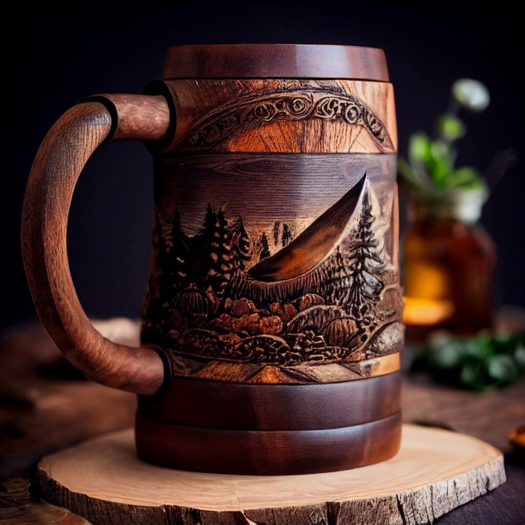Wood Burned Wooden Tankard Mug